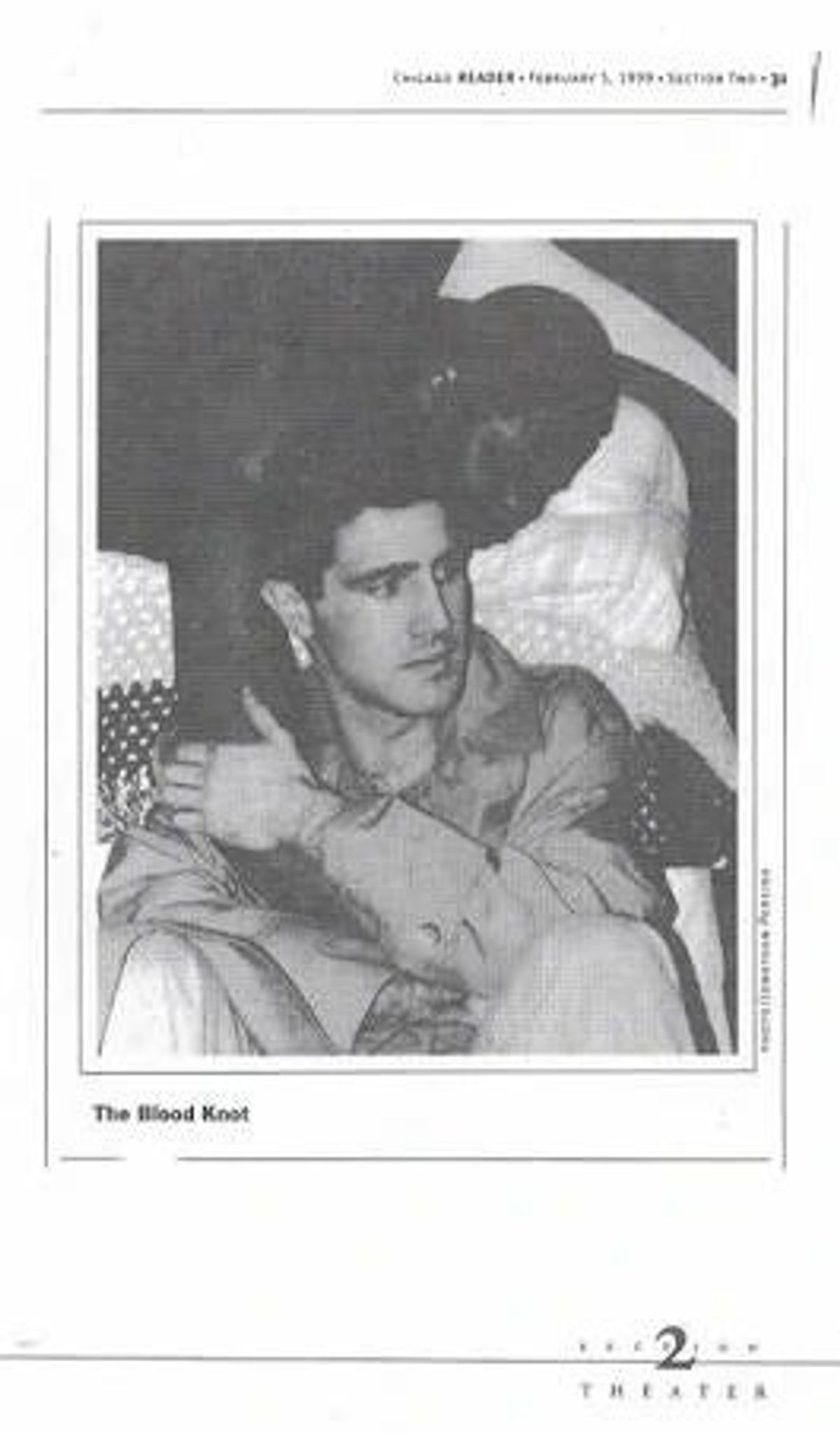 BROTHERS SHARING AN APARTHEID SURROUNDED SHACK!: 1999 Chicago Reader news photo of Douglas Pelletier as the light-skinned brother Morris and Darryl Maximilian Robinson as the dark-skinned brother Zachariah in The Excaliber Shakespeare Company of Chicago 1999 revival of Athol Fugard's "The Blood Knot" by ESC Production Stage Manager Peter Blatchford.