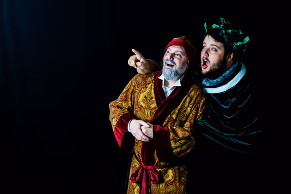 Darrell Meek as Scrooge and Scott Bagwill as The Ghost of Christmas Present. Photo courtesy of Lauren Cibene 6