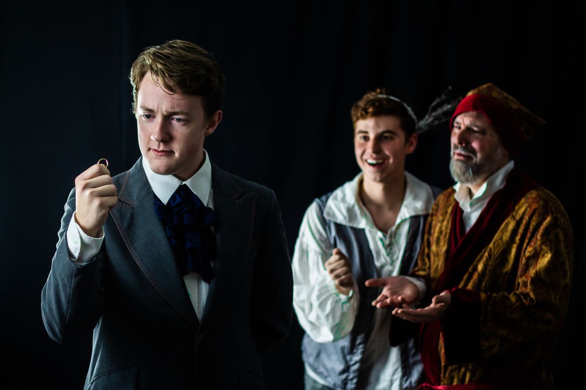 Jason Fussell as Young Ebenezer, Justin Spainhour-Roth as The Ghost of Christmas Past, and Darrell Meek as Scrooge. Photo courtesy of Lauren Cibene Jason Fussell as Young Ebenezer, Justin Spainhour-Roth as The Ghost of Christmas Past, and Darrell Meek as Scrooge. Photo courtesy of Lauren Cibene