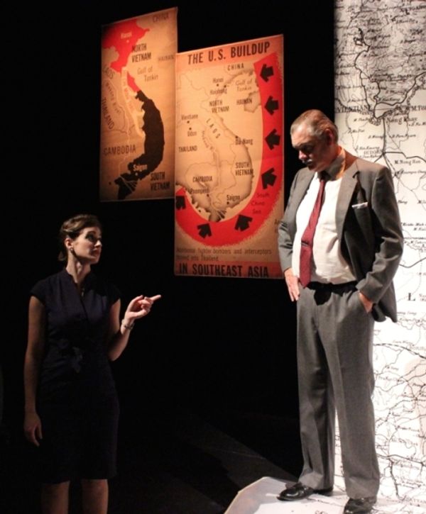 Naval intelligence officer, Lieutenant Doris Little, (Heather Dudenbostel) confronts Secretary of Defense Robert McNamara (Robbie Hankins) about the attack in the Gulf of Tonkin as Senator Wayne Morse (Greg Monahan) looks on, in The Ghosts of Tonkin. Photo credit: Angela Kiser
2
