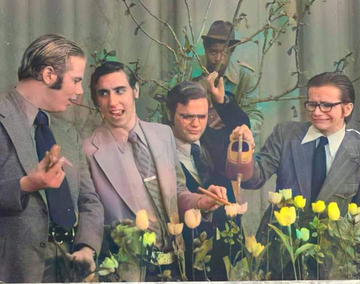 YOUNG ACTORS IN A CHICAGO HIGH SCHOOL MUSICAL REVIEW!: This 1975 Albert G. Lane Tech High School Music Theatre ( under the faculty supervision and excellent orchestral direction of the late, great Conductor John C. Cina ) production photo features parody composer / lyricist / comedy script writer and co-director Rick Crom as Principal Norman Silber (second from the left ) chatting with his senior staff ( including talented actors, l-r, Dave Ladner as Mr. Mazukuras, John Bliss as Mr. Pauley and Dale Weldon as the arts teacher and promoter, Stanley Zak ), and, lurking in the tall bush, 14-year-old freshman student actor Darryl Maximilian Robinson as Sam Spaced in "The Maltese Wabeeno".