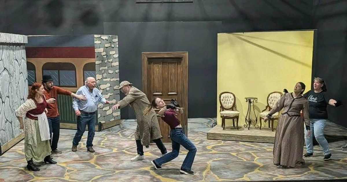 When a knife goes flying, the whole cast is spurred into action! Pictured L to R: Loryn Mac, Olen Cox, John Covaleskie, Tim Jolly, Lauren Sanders, Allyson Rose and Lavone Anderson. When a knife goes flying, the whole cast is spurred into action! Pictured L to R: Loryn Mac, Olen Cox, John Covaleskie, Tim Jolly, Lauren Sanders, Allyson Rose and Lavone Anderson.