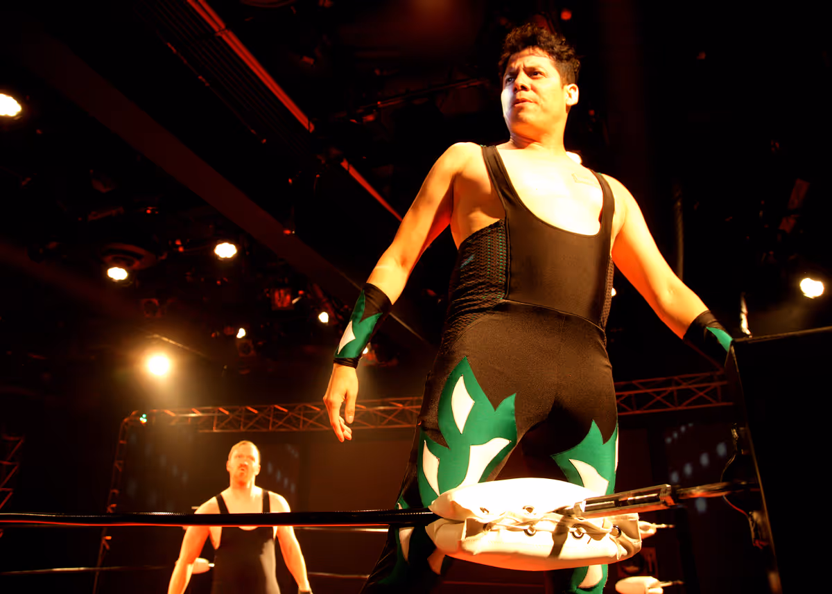 Aaron McGee and Rudy Solis III in Chance Theater's OC premier of "The Elaborate Entrance of Chad Deity." Playing September 23 - October 23, 2022 ar Bette Aitken theater arts Center on the Cripe Stage. Written by Kristoffer Diaz, Directed by Jeremy Aluma, Fight Direction by Martin Noyes. Photo by Doug Catiller, True Image Studio