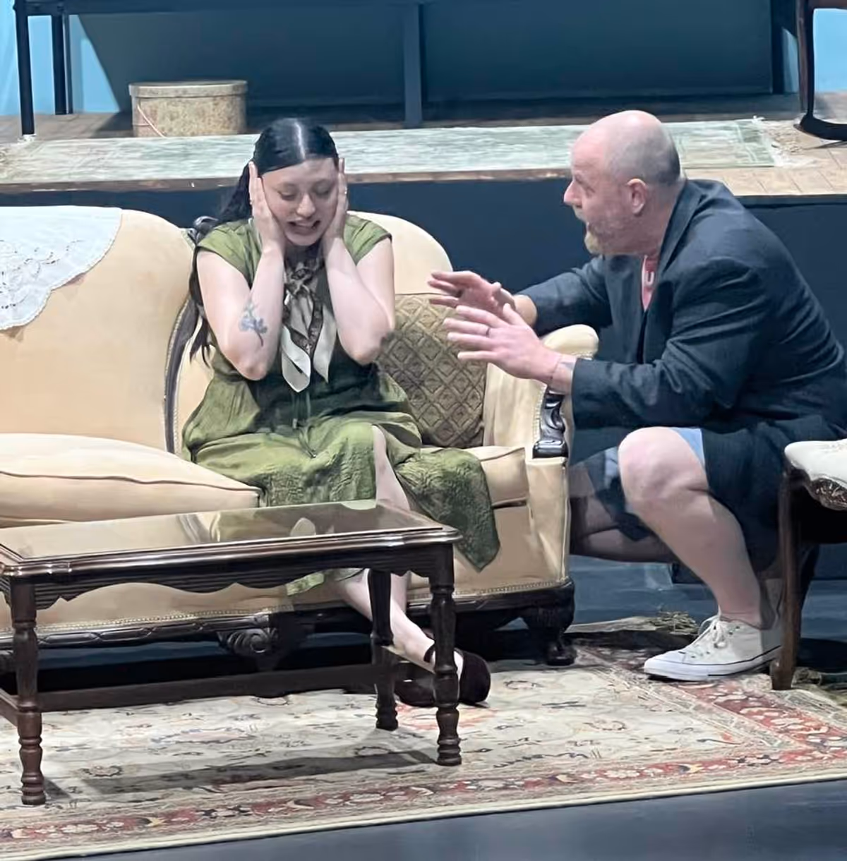 We   re in rehearsal for opening one week from tonight! Violet endures more questioning from an investigator. Pictured are Tristan O   Hara and Sean Spencer