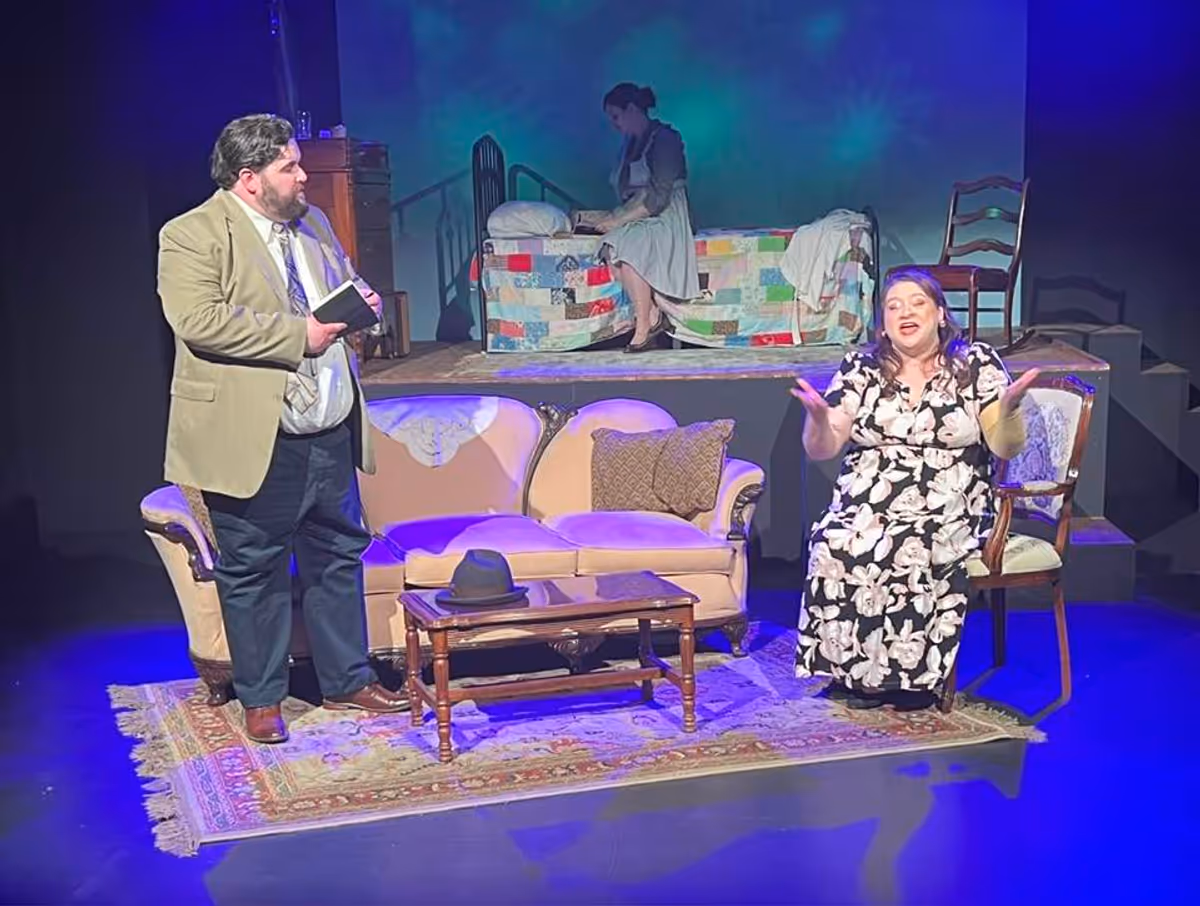 Betty defends her friend Violet to officer Walsh investigating the Lindbergh baby kidnapping in VIOLET SHARP opening Friday and playing through April 26. Pictured L-R: Tyler Waits, Tristan Catherine O