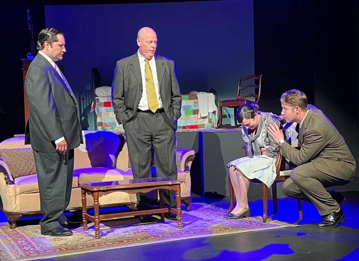 Here, Lindbergh consoles Violet Sharp as the investigators put her through another round of interrogation. Pictured L-R: CW Bardsher, Sean Spencer, Tristan Catherine O Hara, and Craig Musser. Here, Lindbergh consoles Violet Sharp as the investigators put her through another round of interrogation. Pictured L-R: CW Bardsher, Sean Spencer, Tristan Catherine O Hara, and Craig Musser.