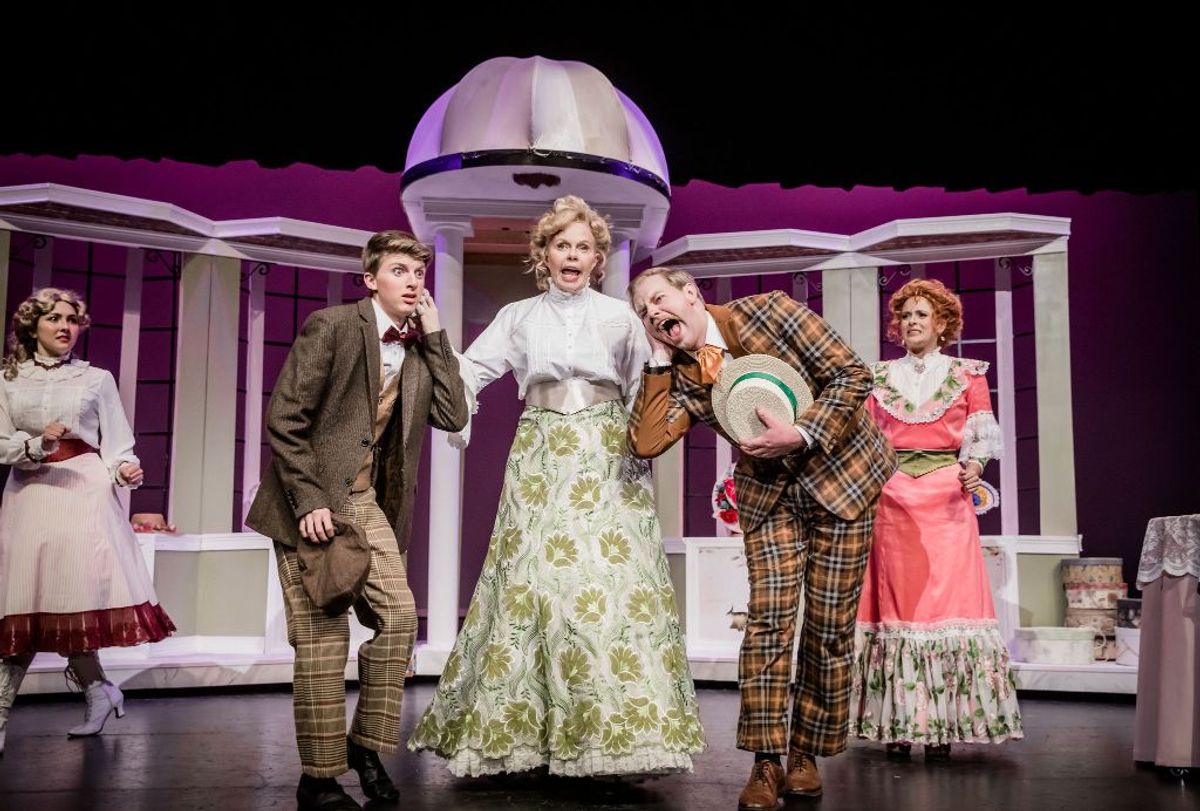 Hat shop scene - Georgia Harrington as Minnie Fay, James Howell as Barnaby Tucker, Toni Tennille as Dolly Levi, Wesley Traver as Cornelius Hackl, Stephanie Zeh as Irene Molloy Hat shop scene - Georgia Harrington as Minnie Fay, James Howell as Barnaby Tucker, Toni Tennille as Dolly Levi, Wesley Traver as Cornelius Hackl, Stephanie Zeh as Irene Molloy