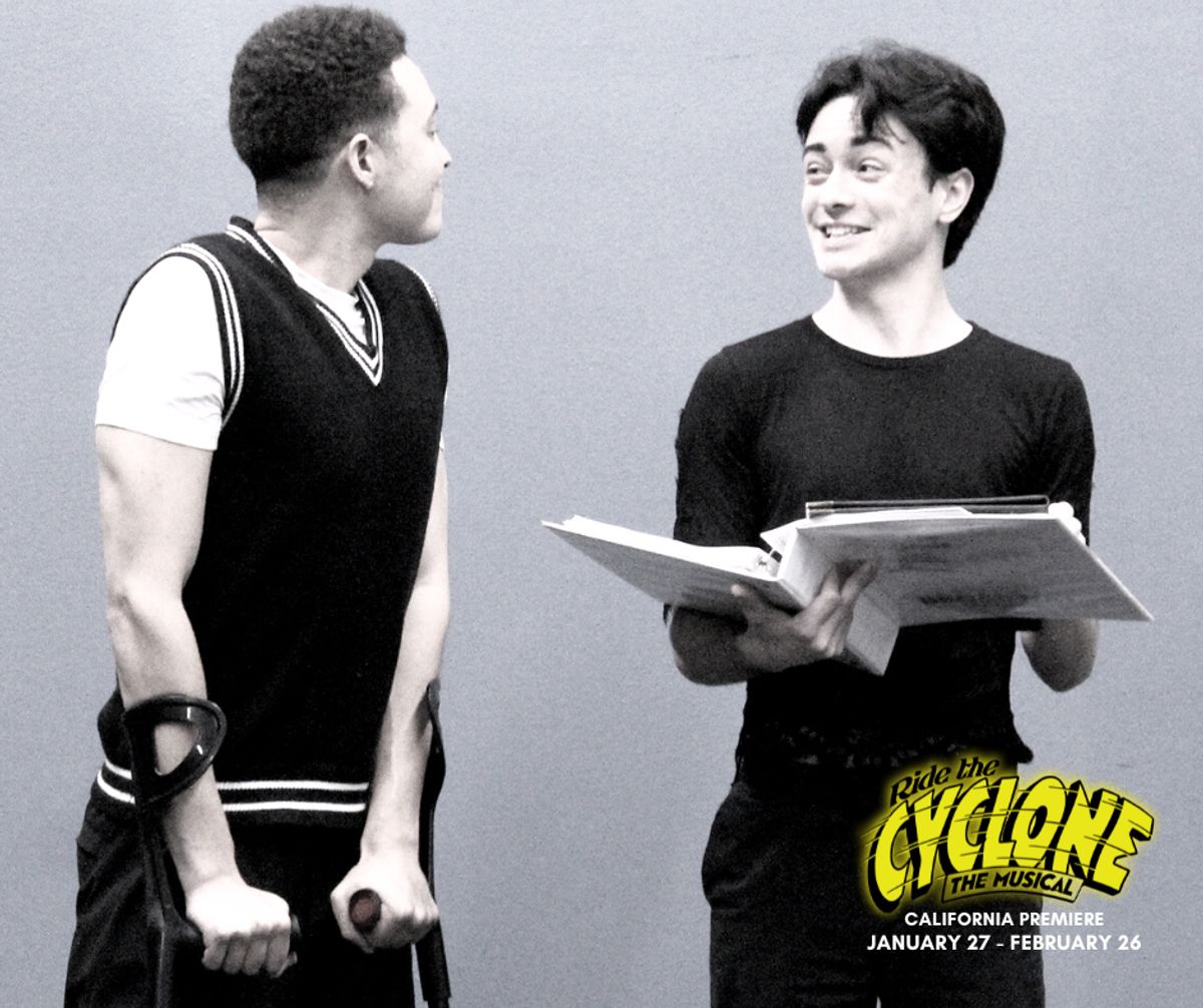 Jaylen Baham as Ricky Potts and Wyatt Hatfield as Noel Gruber in rehearsal for the California premiere of "Ride the Cyclone" at Chance Theater in Anaheim, CA. Book, music, and lyrics by Jacob Richmond & Brooke Maxwell, directed by Jocelyn A. Brown, music direction by Lex Leigh, and choreographed by Miguel Cardenas. Playing January 27 - February 26, 2023 at Bette Aitken theater arts Center on the Cripe Stage. Jaylen Baham as Ricky Potts and Wyatt Hatfield as Noel Gruber in rehearsal for the California premiere of "Ride the Cyclone" at Chance Theater in Anaheim, CA. Book, music, and lyrics by Jacob Richmond & Brooke Maxwell, directed by Jocelyn A. Brown, music direction by Lex Leigh, and choreographed by Miguel Cardenas. Playing January 27 - February 26, 2023 at Bette Aitken theater arts Center on the Cripe Stage.