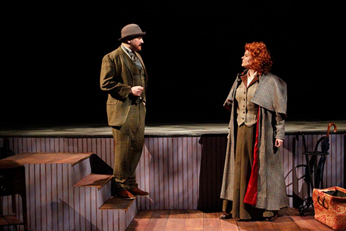Miss Holmes (Phoebe Sanborn, right) dazzles on stage as Miss Sherlock Holmes! With Tim Croce as Thomas Chapman (left). Miss Holmes (Phoebe Sanborn, right) dazzles on stage as Miss Sherlock Holmes! With Tim Croce as Thomas Chapman (left).