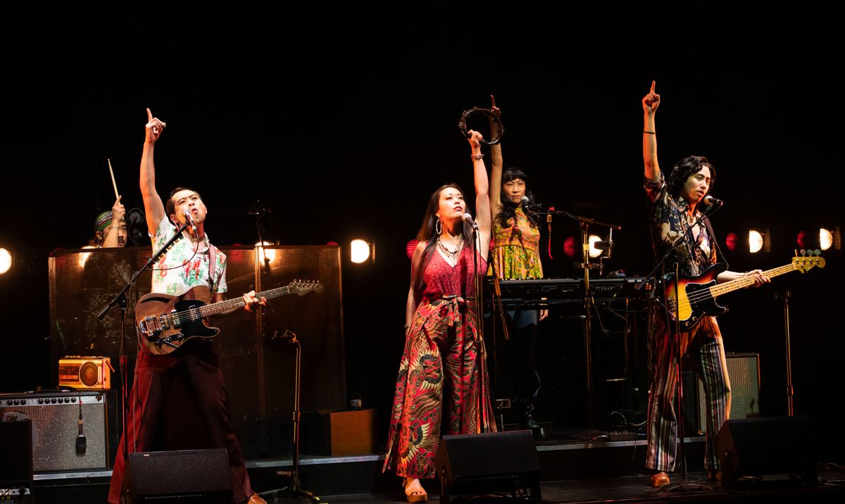 Abraham Kim, Joe Ngo, Brooke Ishibashi, Jane Lui, and Tim Liu in Cambodian Rock Band at Arena Stage at the Mead Center for American Theater running July 19 through August 27. Photo by Margot Schulman.