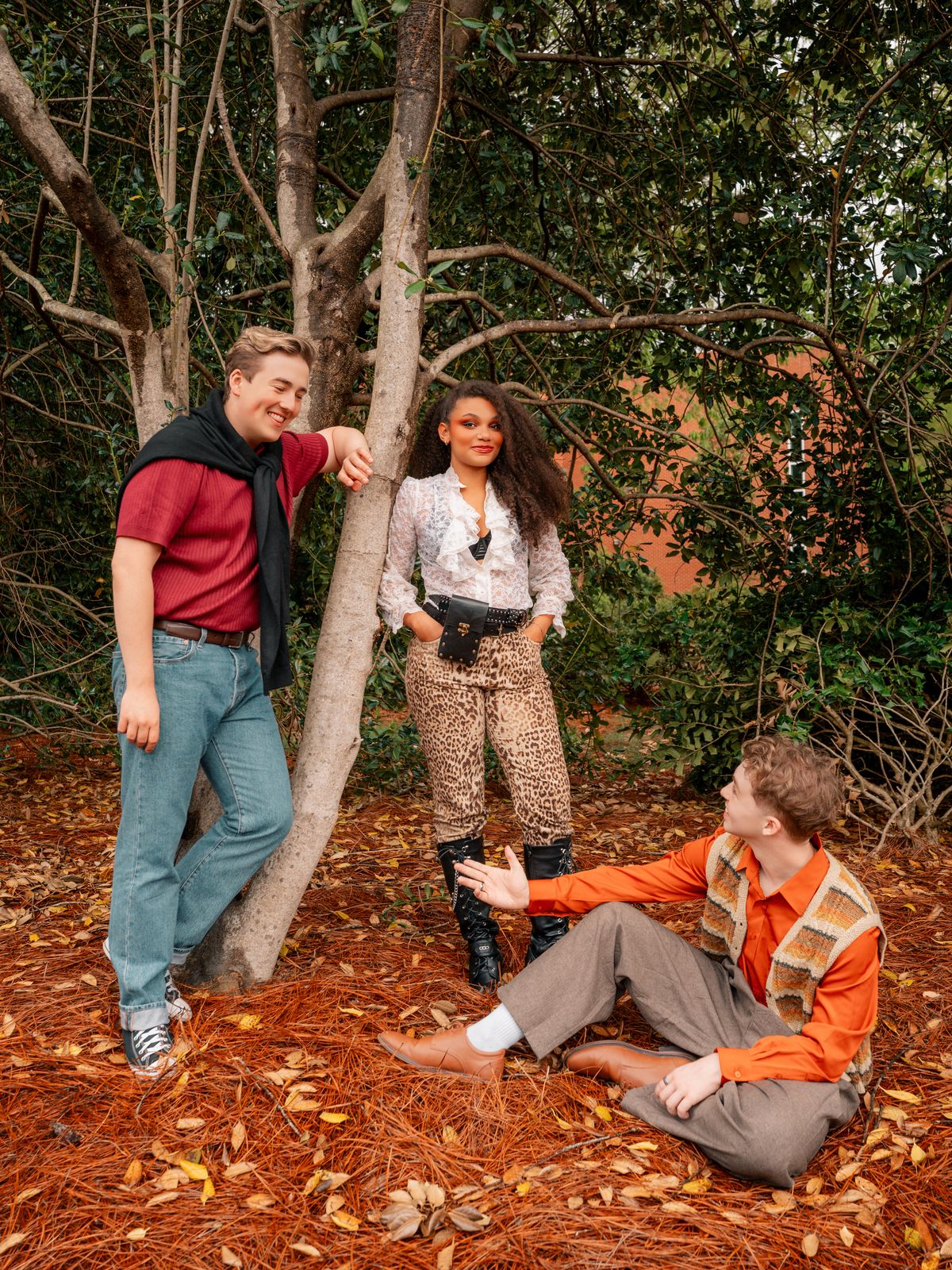(L to R): Elliot Choate (Henry), Emmalynn Bruce (Antigone Tig), and Jonah Uffelman (Nikolas/The Guard) for Antigone 1989: A Town Hall Musical. Photo by Geovanny Soto.