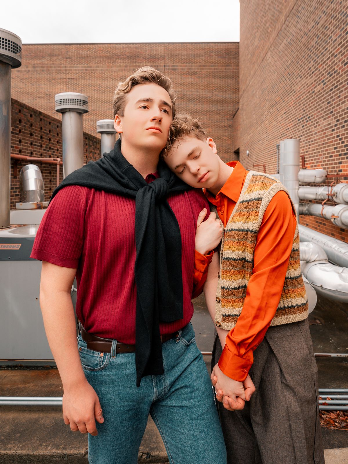 (L to R): Elliot Choate (Henry) and Jonah Uffelman (Nikolas/The Guard) for Antigone 1989: A Town Hall Musical. Photo by Geovanny Soto.