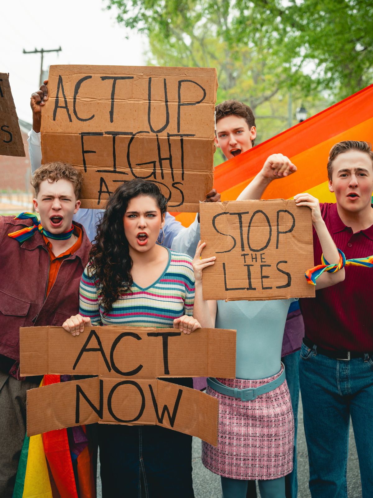(L to R): Jonah Uffelman (Nikolas/The Guard), Victoria Martinez (Ensemble/Swing), Elliot Sullivan (Ensemble/Swing), Elliot Choate (Henry) for Antigone 1989: A Town Hall Musical. Photo by Geovanny Soto