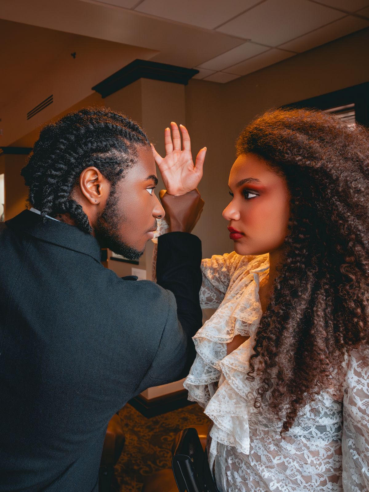 (L to R): Trevor Hudson (Calvin) and Emmalynn Bruce (Antigone Tig) for Antigone 1989: A Town Hall Musical. Photo by Geovanny Soto.