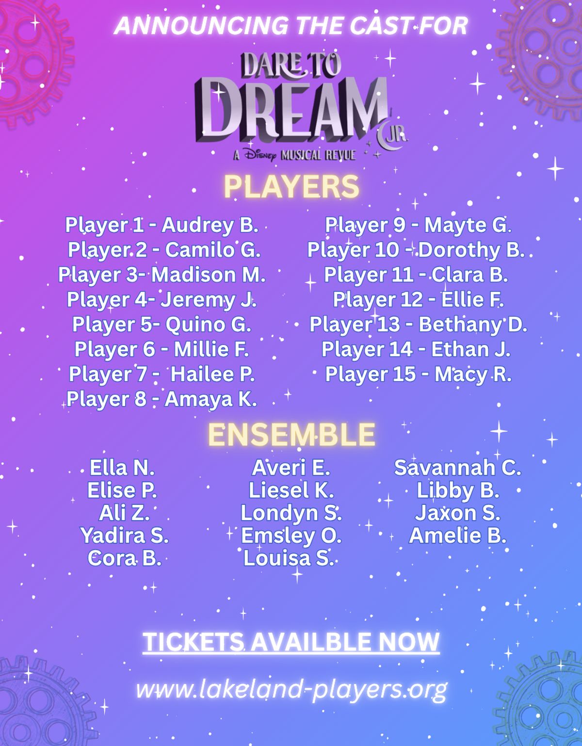 Lakeland Players Dare to Dream Jr Cast List Annoucement Lakeland Players Dare to Dream Jr Cast List Annoucement