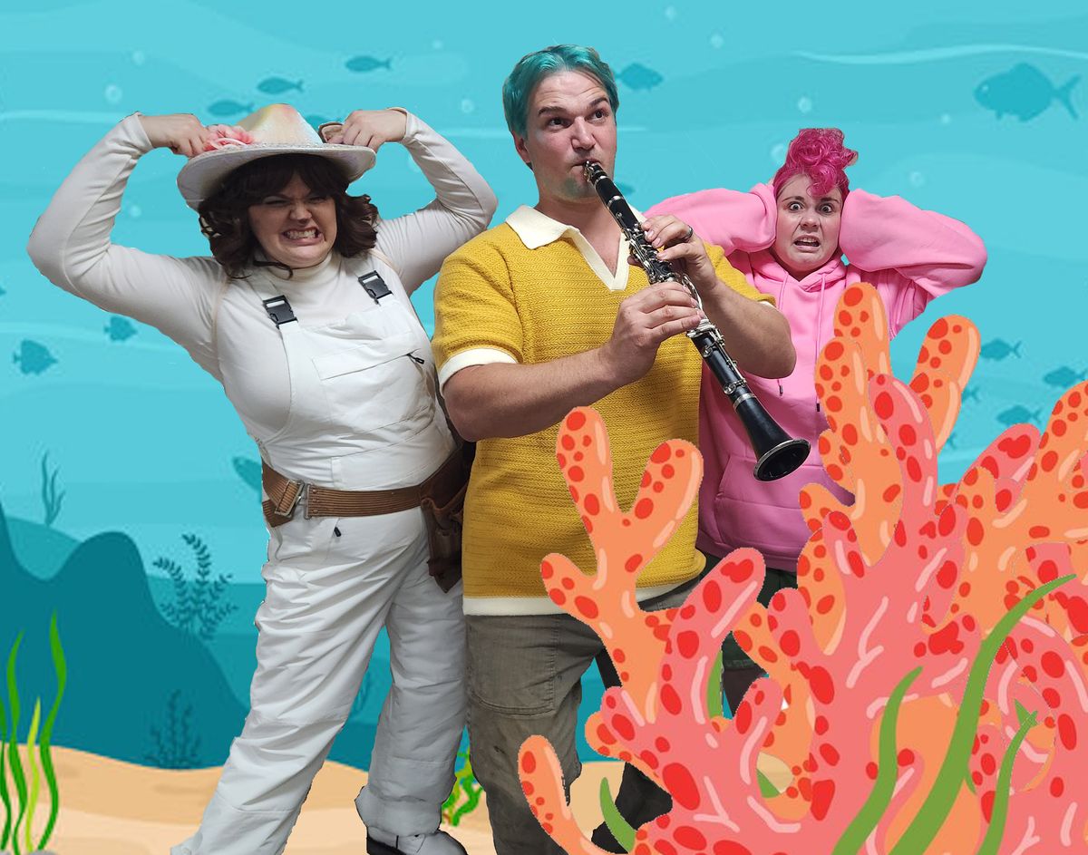 Squidward (Matt Wright) serenades Sandy (Shelby Sessler) and Patrick (Leighton Mount) in the Broadway Bound Vista Theatre Project's production of THE SPONGEBOB MUSICAL.