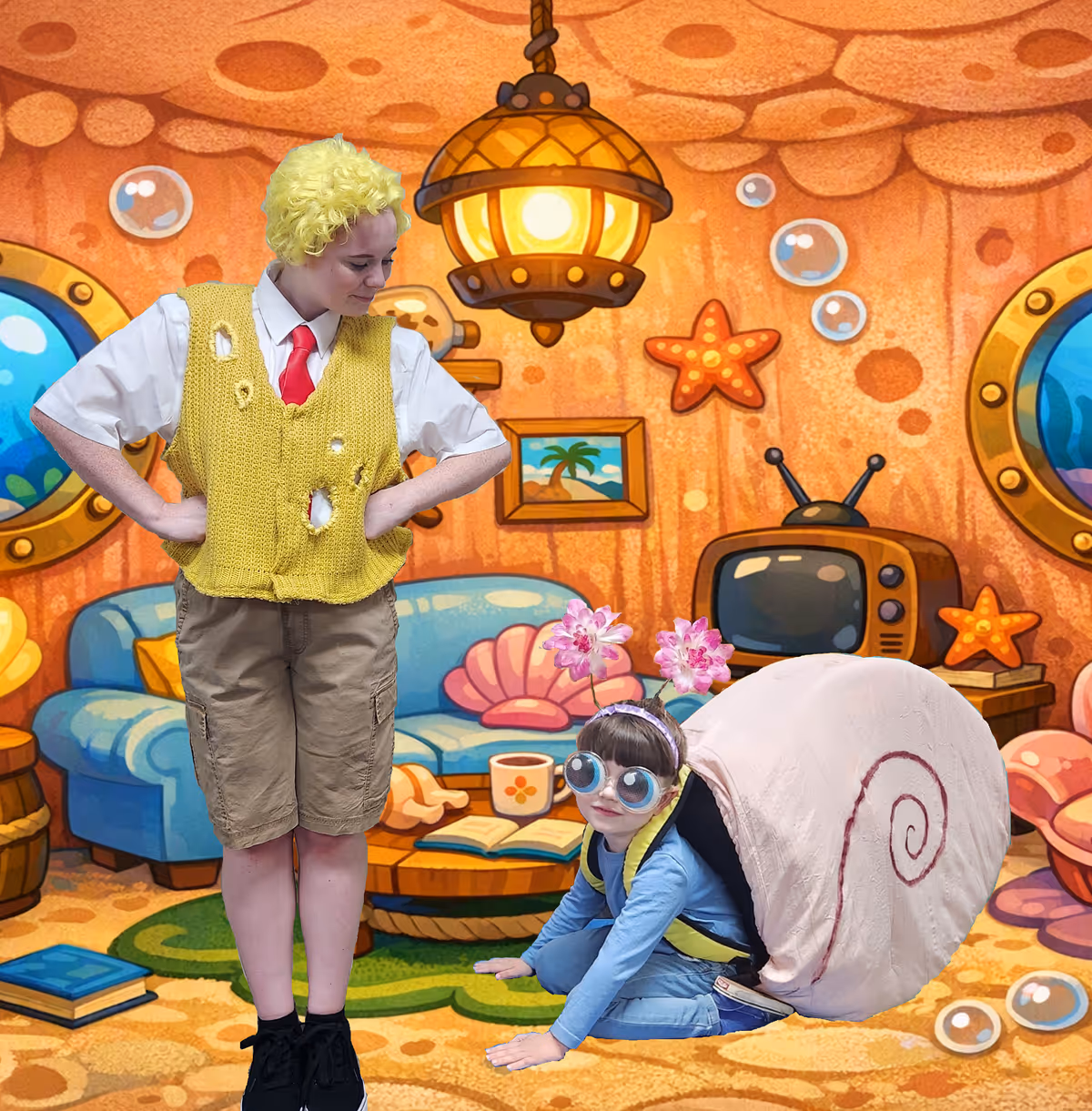 SpongeBob (Mattie Mount) and Gary (Tavi Oliveira) prepare for another Bikini Bottom day in the Broadway Bound Vista Theatre Project's production of THE SPONGEBOB MUSICAL.