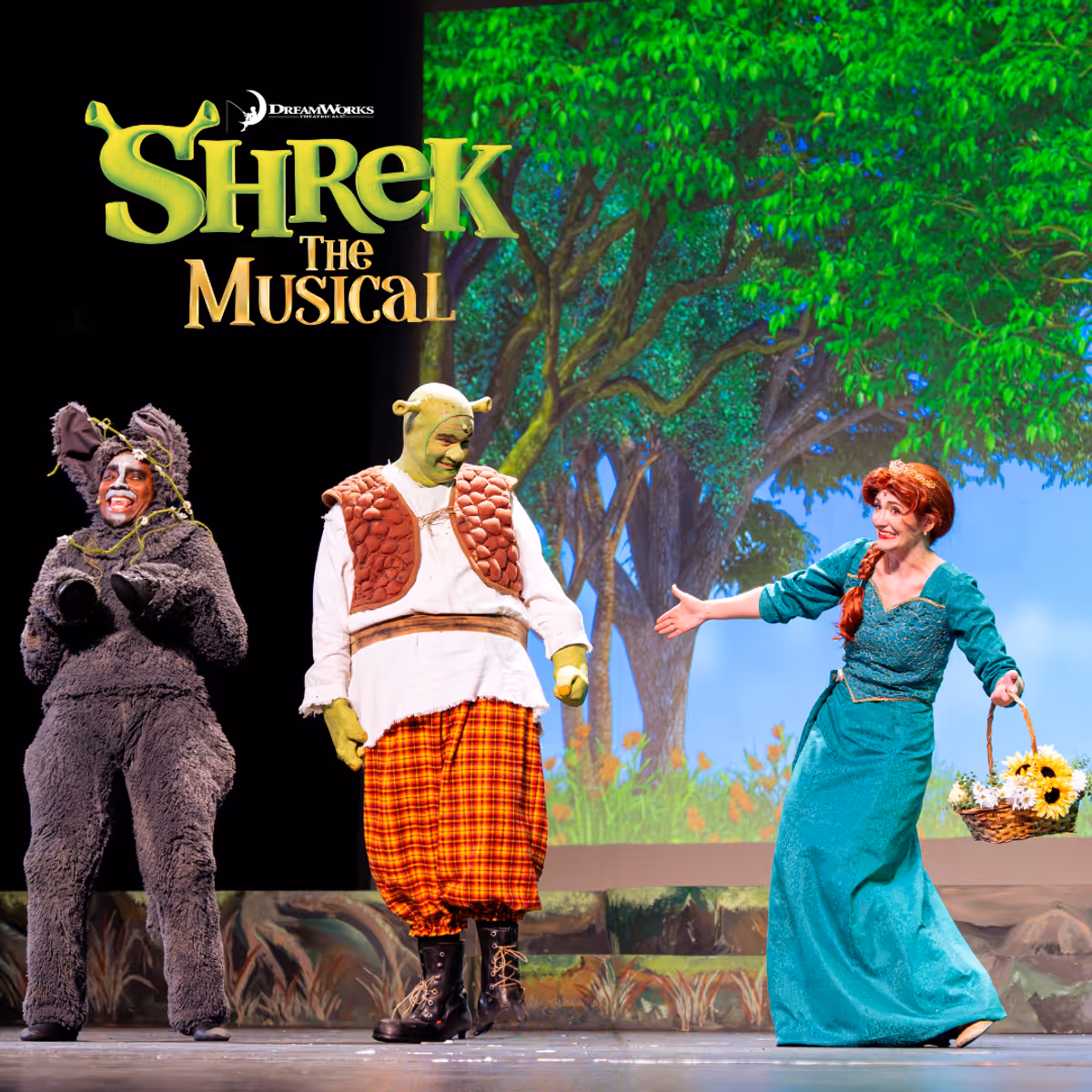 Allen McBride as Donkey, Matthew Robison as Shrek, and Emma Price as Princess Fiona