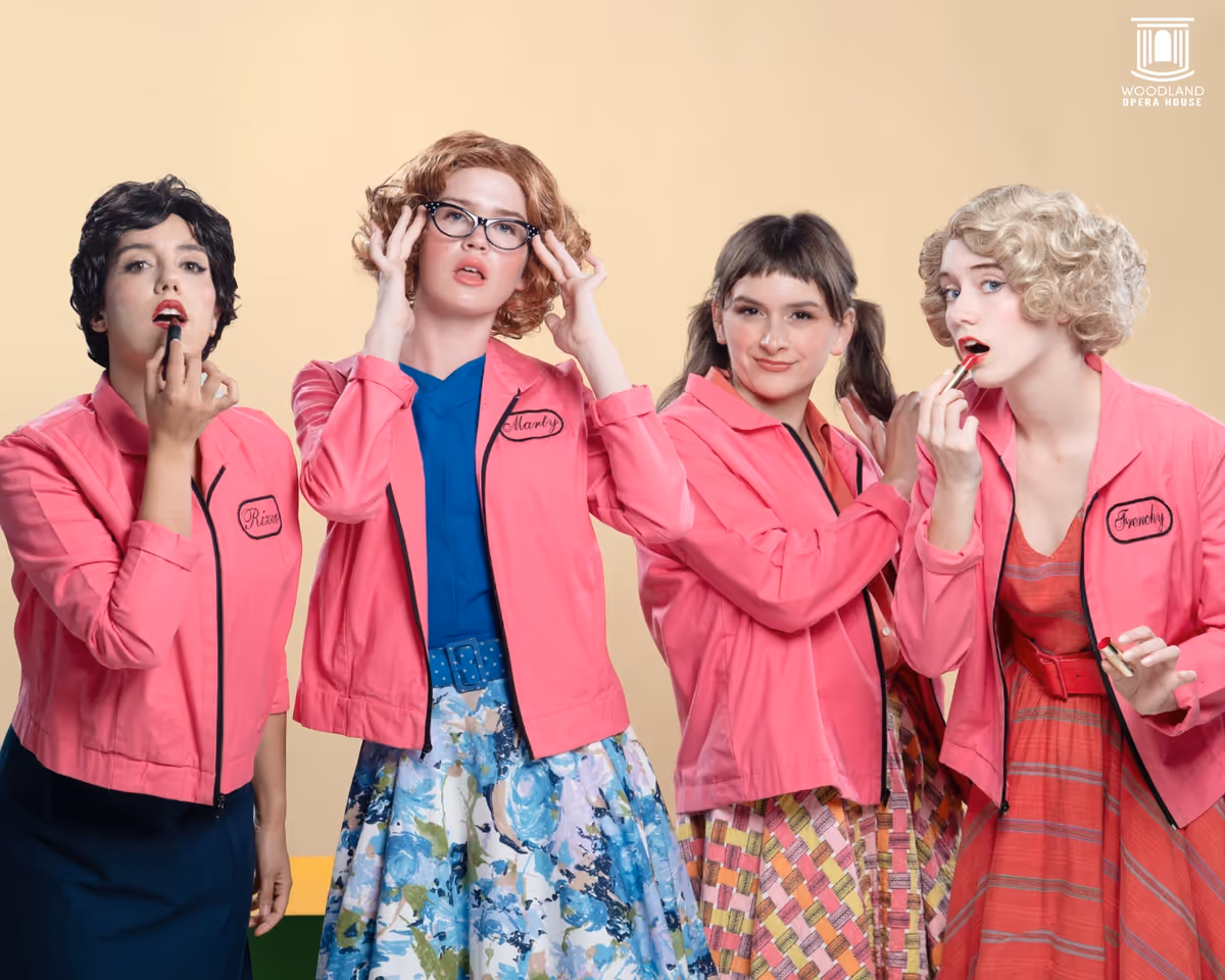 The Pink Ladies.  Left to Right: Maria Tilva as Rizzo, Amelia Robinson-Burmester as Marty,    Gabriella Garcia as Jan, Ruby Schwerin as Frenchy