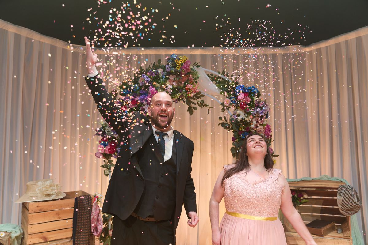 Mark Henry-Davies and Mared Llywelyn in Parti Priodas by Gruffudd Owen, a Theatr Cymru production. Photographed by Mark Douet. Mark Henry-Davies and Mared Llywelyn in Parti Priodas by Gruffudd Owen, a Theatr Cymru production. Photographed by Mark Douet.