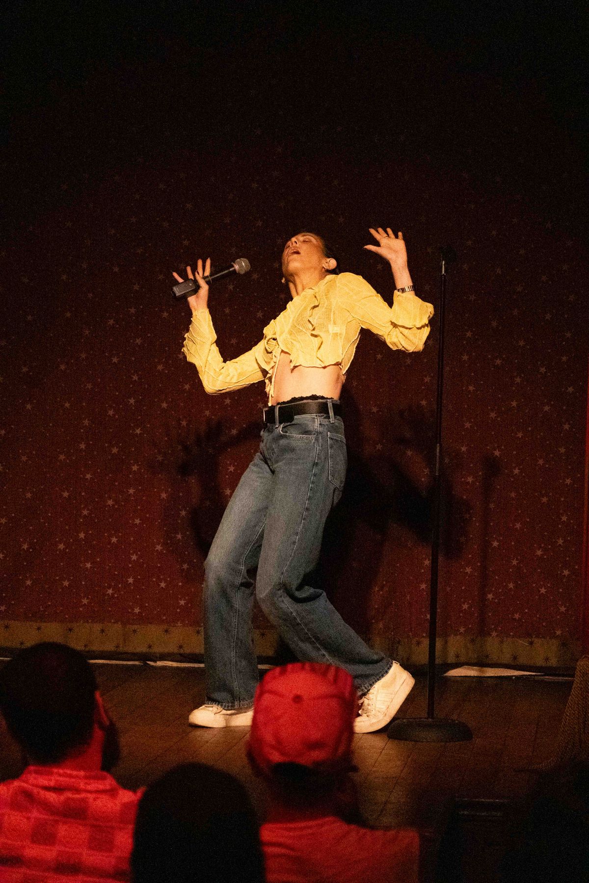 Stand-up comedian Hanna Dickinson, mid-joke. Stand-up comedian Hanna Dickinson, mid-joke.
