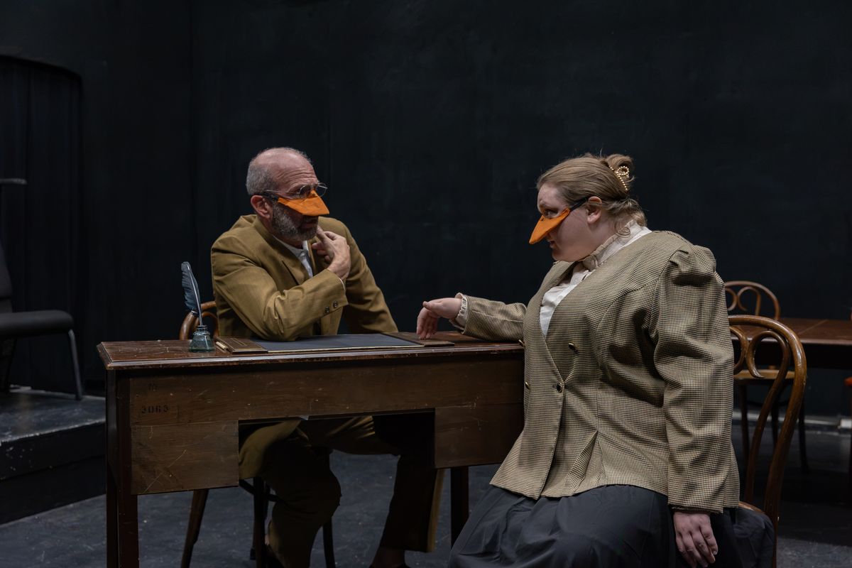 Otto von Bisquack (Gary Penn) meets with the Marqu s de Penaquill (Hollie Pryor) to discuss strategies in Heart of Duckness by A.J. Ditty. Photo by Hannah Daly Ellsworth. Otto von Bisquack (Gary Penn) meets with the Marqu s de Penaquill (Hollie Pryor) to discuss strategies in Heart of Duckness by A.J. Ditty. Photo by Hannah Daly Ellsworth.