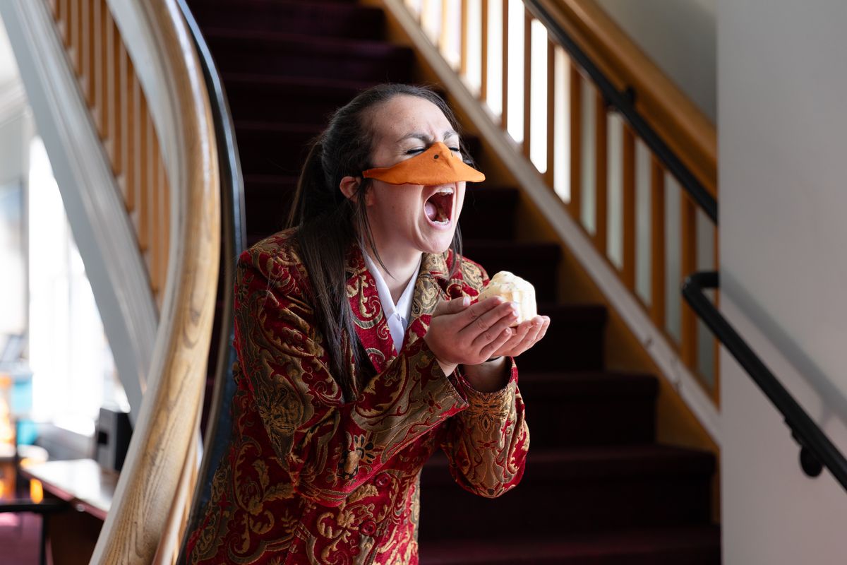 Allison McCall plays the greedy King Leopold II of Belgium in Heart of Duckness by A.J. Ditty. Photo by Hannah Daly Ellsworth. Allison McCall plays the greedy King Leopold II of Belgium in Heart of Duckness by A.J. Ditty. Photo by Hannah Daly Ellsworth.