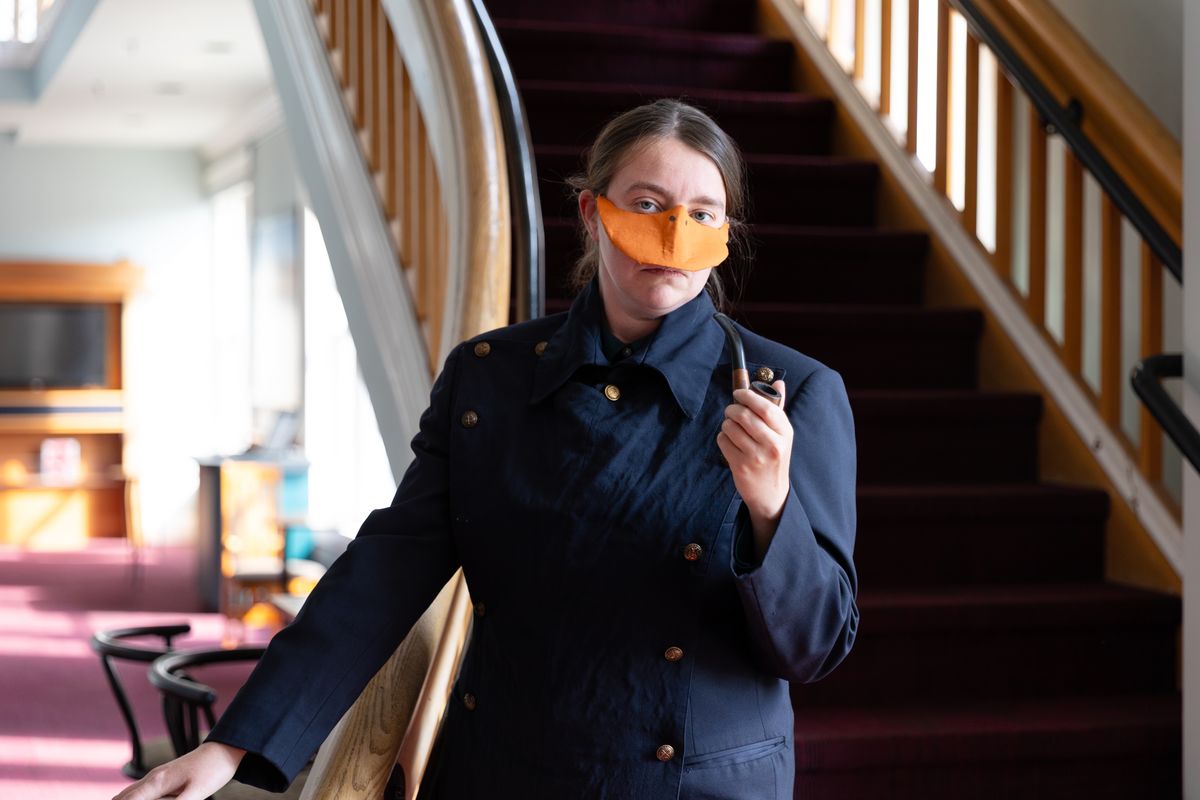 Madison Shmalo plays Sir Edward Mallard of Duckingham, the English delegate looking to make it through without ruffling too many feathers in Heart of Duckness by A.J. Ditty. Photo by Hannah Daly Ellsw Madison Shmalo plays Sir Edward Mallard of Duckingham, the English delegate looking to make it through without ruffling too many feathers in Heart of Duckness by A.J. Ditty. Photo by Hannah Daly Ellsw