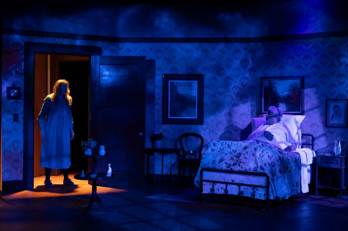 Laura Jordan as Annie Wilkes and Paul Stroili as Paul Sheldon in Misery. Photos by Klose2u Photography L.L.C. Laura Jordan as Annie Wilkes and Paul Stroili as Paul Sheldon in Misery. Photos by Klose2u Photography L.L.C.