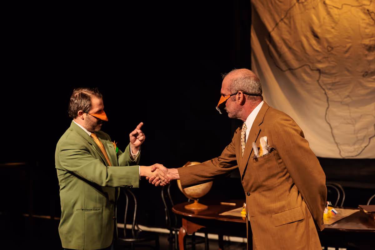 Mr. Duck (Nate Speckman) meets Otto von Bisquack (Gary Penn) in Heart of Duckness by A.J. Ditty. Photo by Kat Moraros Photography. Mr. Duck (Nate Speckman) meets Otto von Bisquack (Gary Penn) in Heart of Duckness by A.J. Ditty. Photo by Kat Moraros Photography.