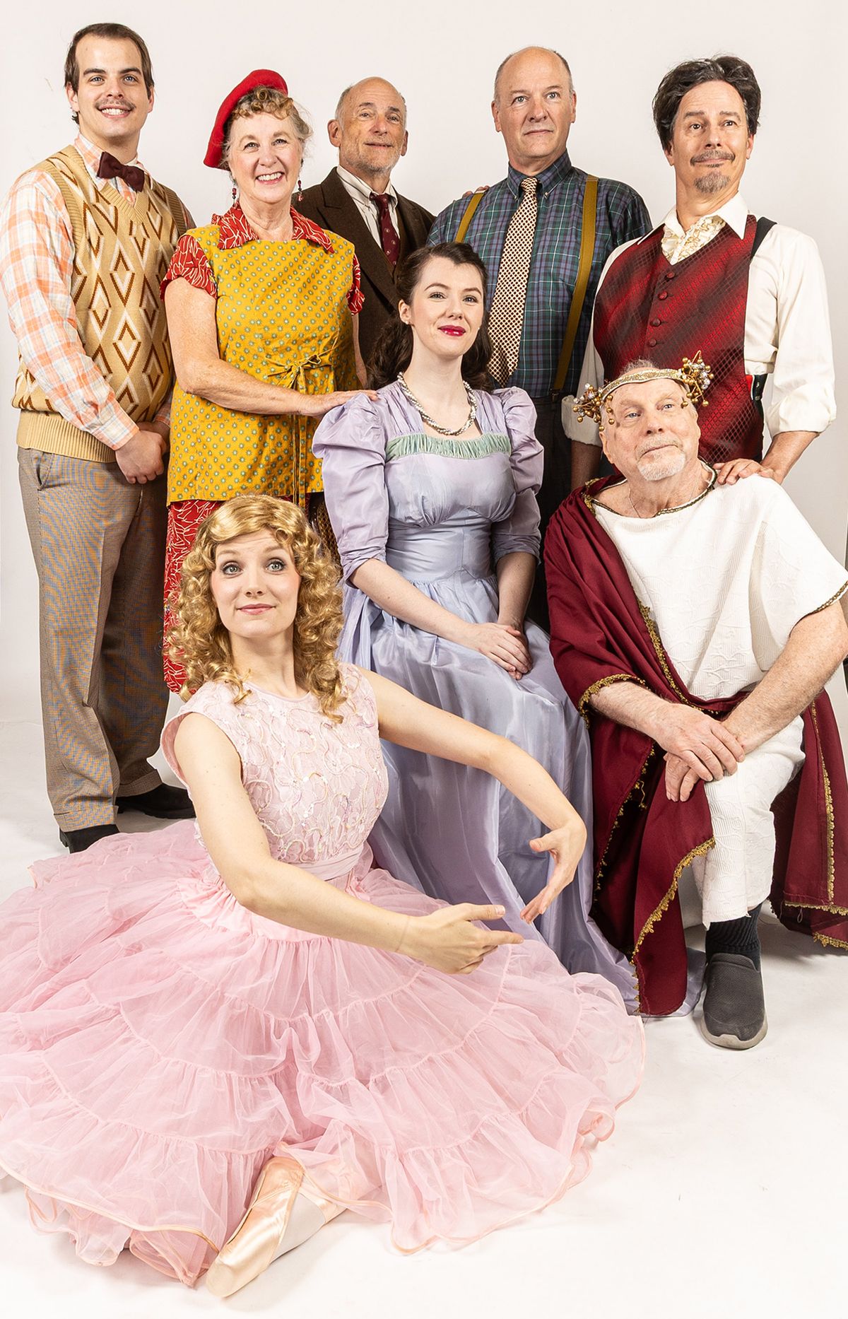 Pictured left to right: back row - Aiden Brown, Marilyn Stacy, Robert Lovitz, Todd Hermanson, Mark Schwahn; front row - Bonnie Auguston, Taylor Jean Grady and Danny Bruno in the comedy, You Can’t Take It With You, playing at Lakewood Theatre Company September 11 - October 18, 2026. Photo by David Kinder.