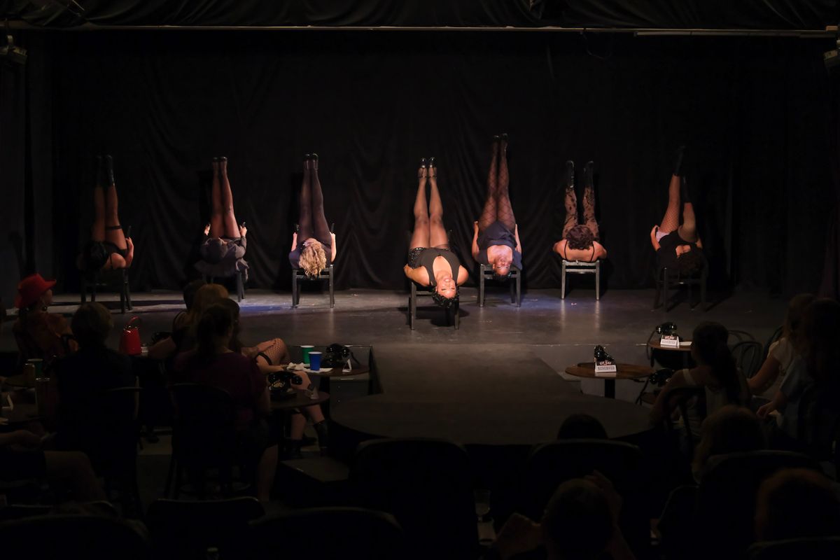 Aarin Wilson as Sally Bowles. Kimora Smiley, Olivia Barnes, Noel Jensen, Patrice Berry, Sarah Schechter, Liv Gonzales as the Kit Kat Club Dancers. Photos by Ken Jacques.