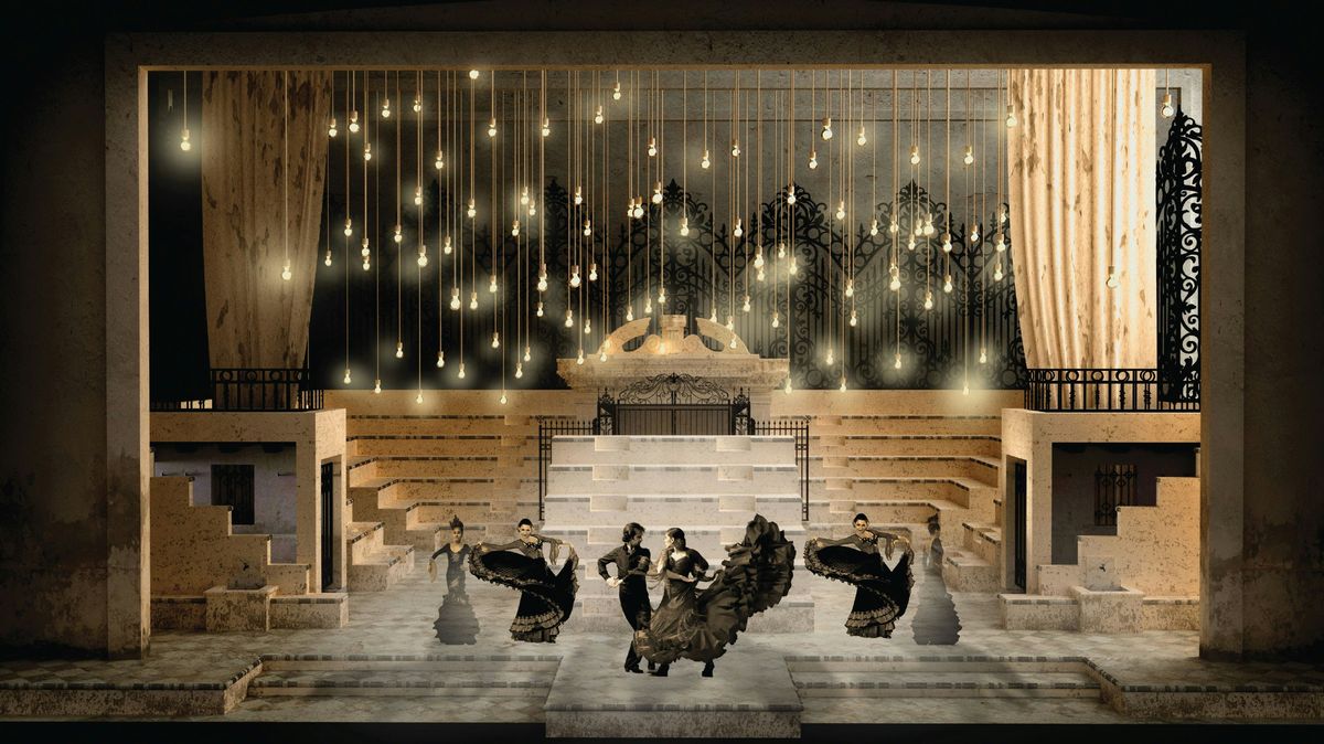 Set design for Act II of  Carmen (Lillas Pastia's tavern at night), by director/designer Thaddeus Strassberger.