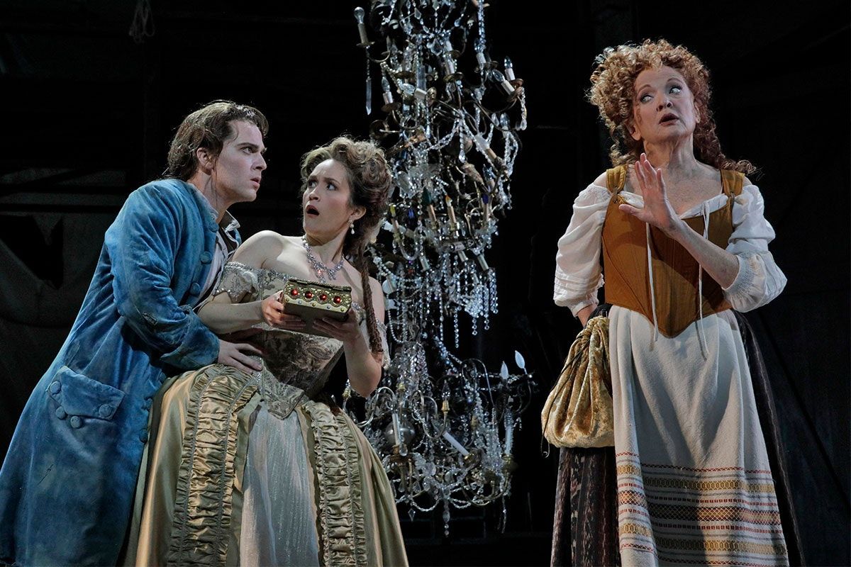 A scene from LA Opera's 2018 production of Candide. Shown: Jack Swanson as Candide, Erin Morley as Cunegonde and Christine Ebersole as the Old Lady. (Photo: Ken Howard) A scene from LA Opera's 2018 production of Candide. Shown: Jack Swanson as Candide, Erin Morley as Cunegonde and Christine Ebersole as the Old Lady. (Photo: Ken Howard)