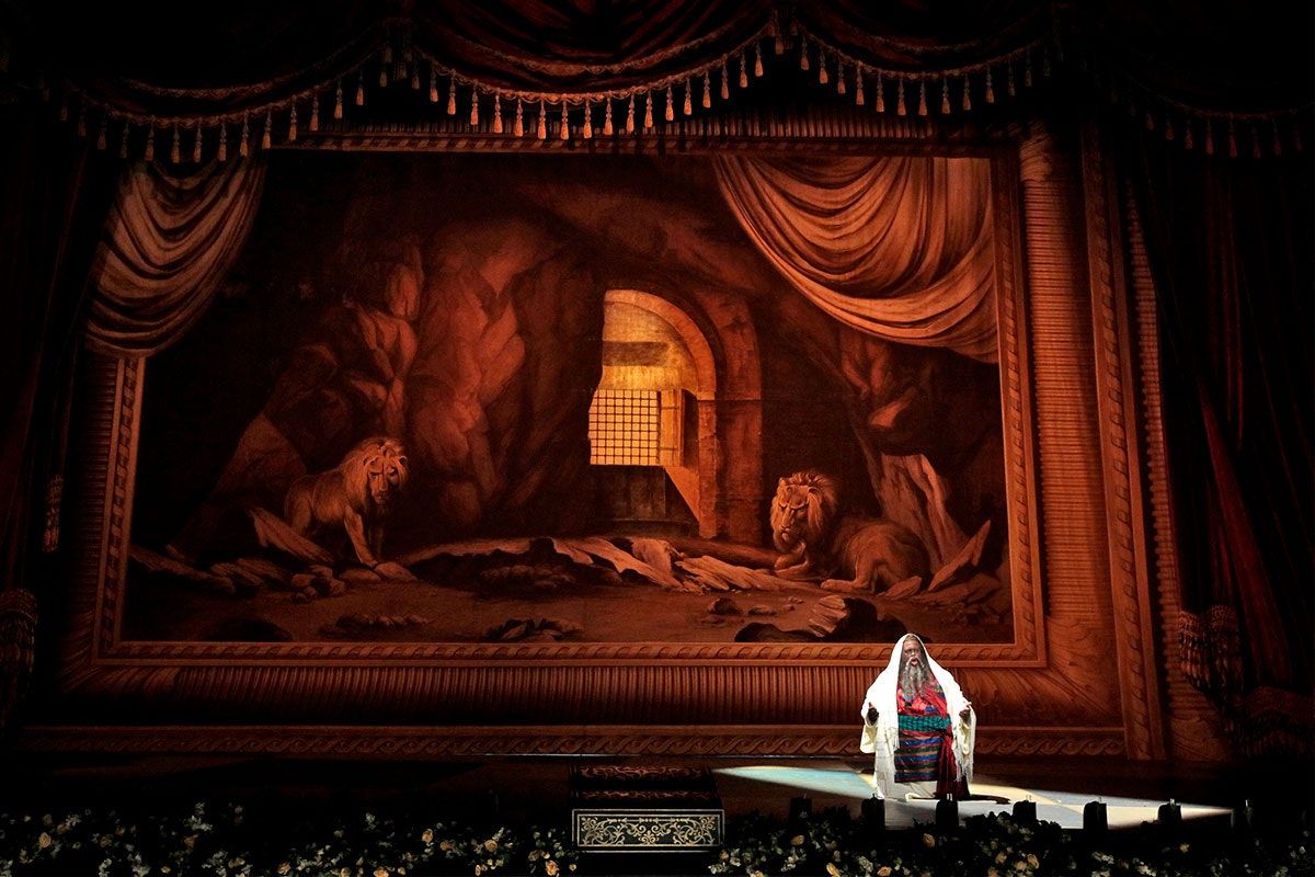 A scene from LA Opera's 2017 production of Nabucco. Shown: Morris Robinson as Zaccaria. (Photo: Ken Howard)