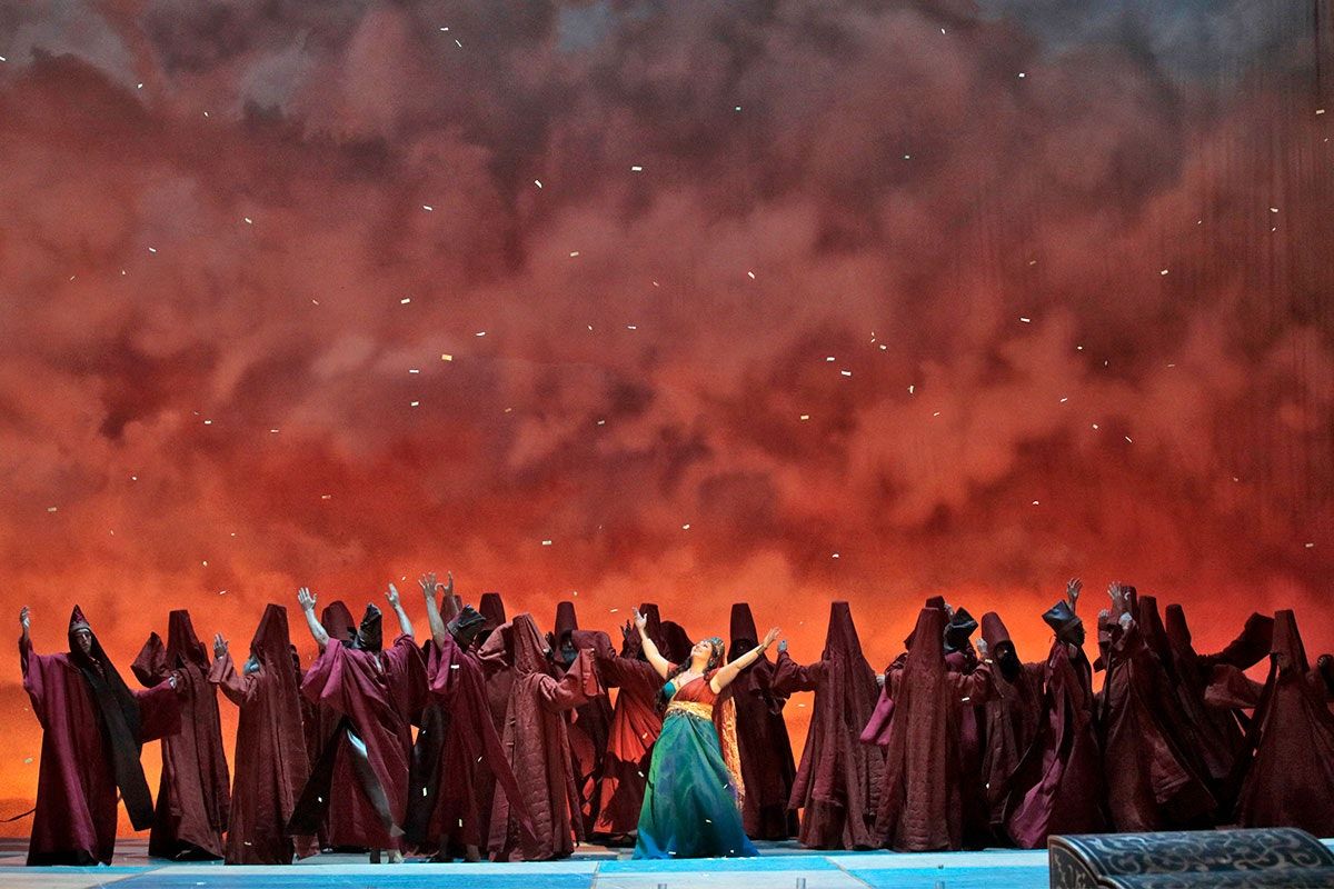 A scene from LA Opera's 2017 production of Nabucco. Shown: Liudmyla Monastyrska as Abigaille. (Photo: Ken Howard)