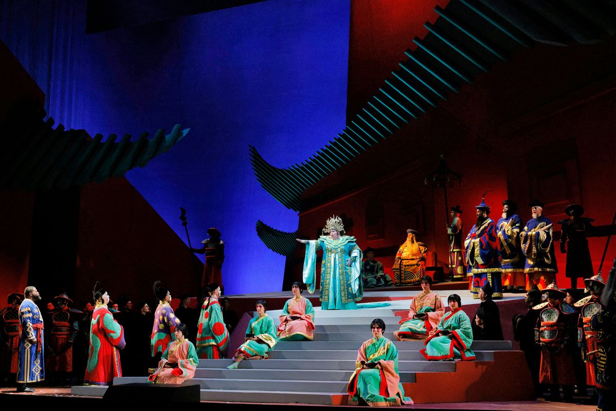 A scene from LA Opera's 2024 production of Turandot. Shown: Angela Meade in the title role, at center. (Photo: Cory Weaver) A scene from LA Opera's 2024 production of Turandot. Shown: Angela Meade in the title role, at center. (Photo: Cory Weaver)