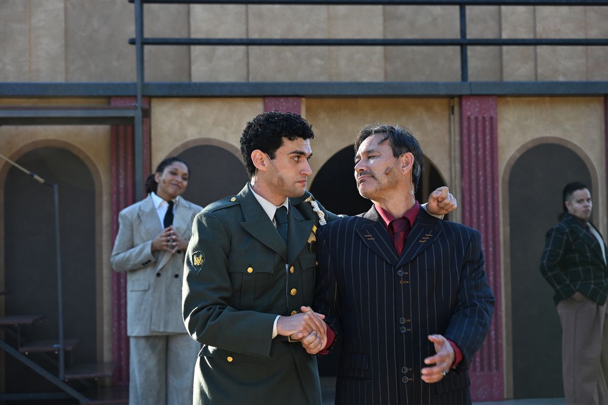 L to R: Emily Newsome* as Lepidus, Tyler Aguallo as Caesar, Jermy Ohta Lee* as Antony, Deanalís Arocho Resto as Enobarbus in Free Shakespeare in the Park's "Antony+Cleopatra" (*Member Actors' Equity Association / Photo: Jay Yamada) L to R: Emily Newsome* as Lepidus, Tyler Aguallo as Caesar, Jermy Ohta Lee* as Antony, Deanalís Arocho Resto as Enobarbus in Free Shakespeare in the Park's "Antony+Cleopatra" (*Member Actors' Equity Association / Photo: Jay Yamada)