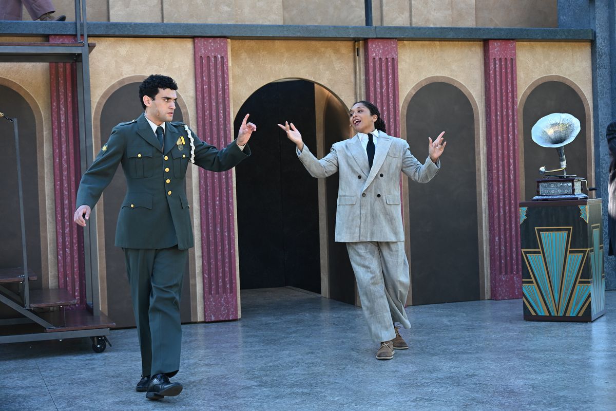 L to R: Tyler Aguallo as Caesar, Emily Newsome* as Lepidus in Free Shakespeare in the Park's "Antony+Cleopatra" (*Member Actors' Equity Association / Photo: Jay Yamada)