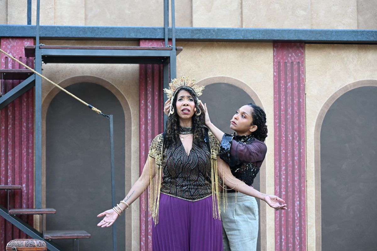 L to R: Elizabeth Carter* as Cleopatra, Emily Newsome* as Charmian in Free Shakespeare in the Park's "Antony+Cleopatra" (*Member Actors' Equity Association / Photo: Jay Yamada)