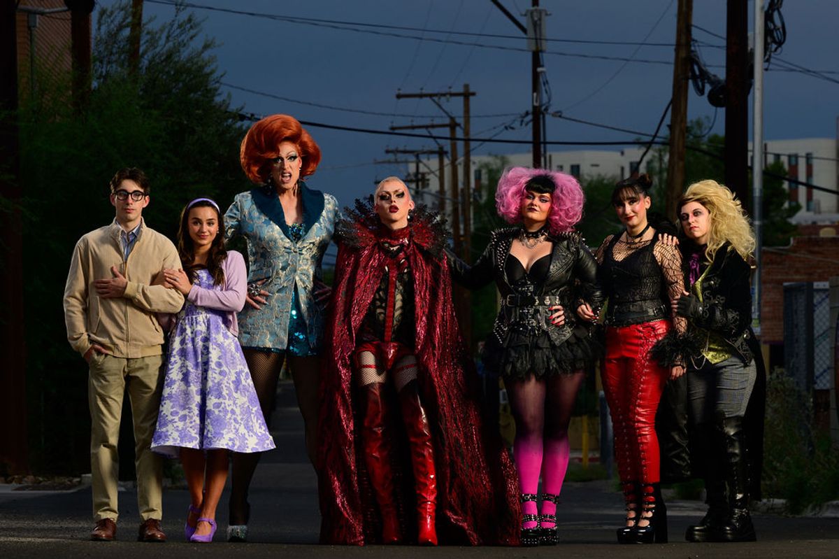 From left: Cast members Jack Feeney-Muñoz (Brad), Lillian Ruth Anagnost (Janet), Tempest DuJour/Patrick Holt (the Narrator), Harrison Dodge (Dr. Frank-N-Furter), Annie Houglum (Magenta), Savana Dorame (Columbia) and Christine Winn (Riff-Raff). PHOTO JULIUS SCHLOSBURG. From left: Cast members Jack Feeney-Muñoz (Brad), Lillian Ruth Anagnost (Janet), Tempest DuJour/Patrick Holt (the Narrator), Harrison Dodge (Dr. Frank-N-Furter), Annie Houglum (Magenta), Savana Dorame (Columbia) and Christine Winn (Riff-Raff). PHOTO JULIUS SCHLOSBURG.