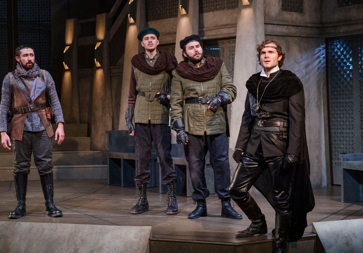 Joe Mucciolo as Horatio, Cole Henry Gilder as Barnardo, Ethan Goodmansen as Marcellus, and Isaac Hickox-Young as Hamlet. Photo by Avery Brunkus. Joe Mucciolo as Horatio, Cole Henry Gilder as Barnardo, Ethan Goodmansen as Marcellus, and Isaac Hickox-Young as Hamlet. Photo by Avery Brunkus.