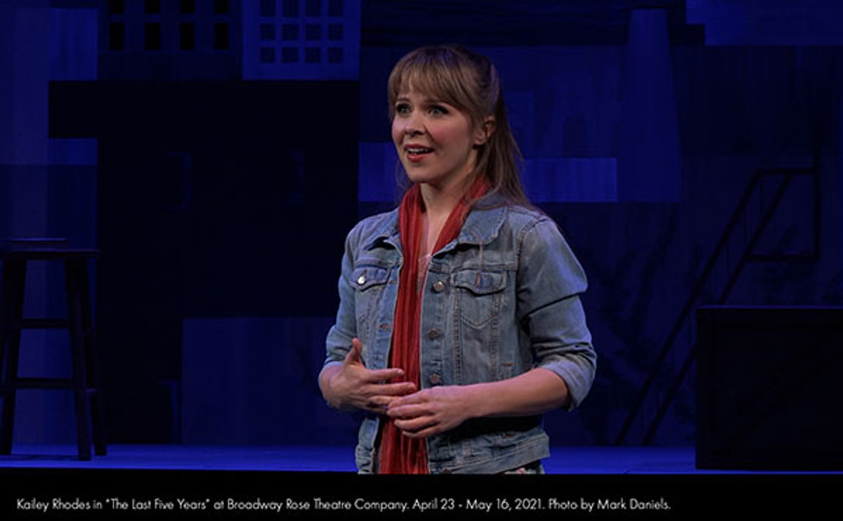 Kailey Rhodes and Jeff Rosick in Broadway Rose's streaming production of "The Last Five Years." Photo by Mark Daniels. Kailey Rhodes and Jeff Rosick in Broadway Rose's streaming production of "The Last Five Years." Photo by Mark Daniels.