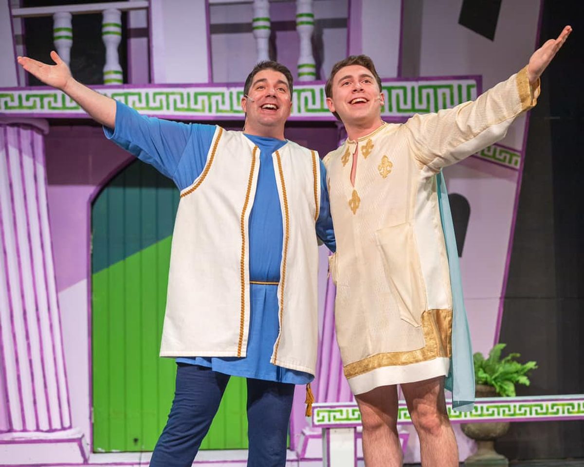 Adam Estep who portrays Pseudolus and Joshua Heck who portrays Hero in A Funny Thing Happened on the Way to the Forum at Lebanon Community Theatre. (Photo by Marc Faubel)
