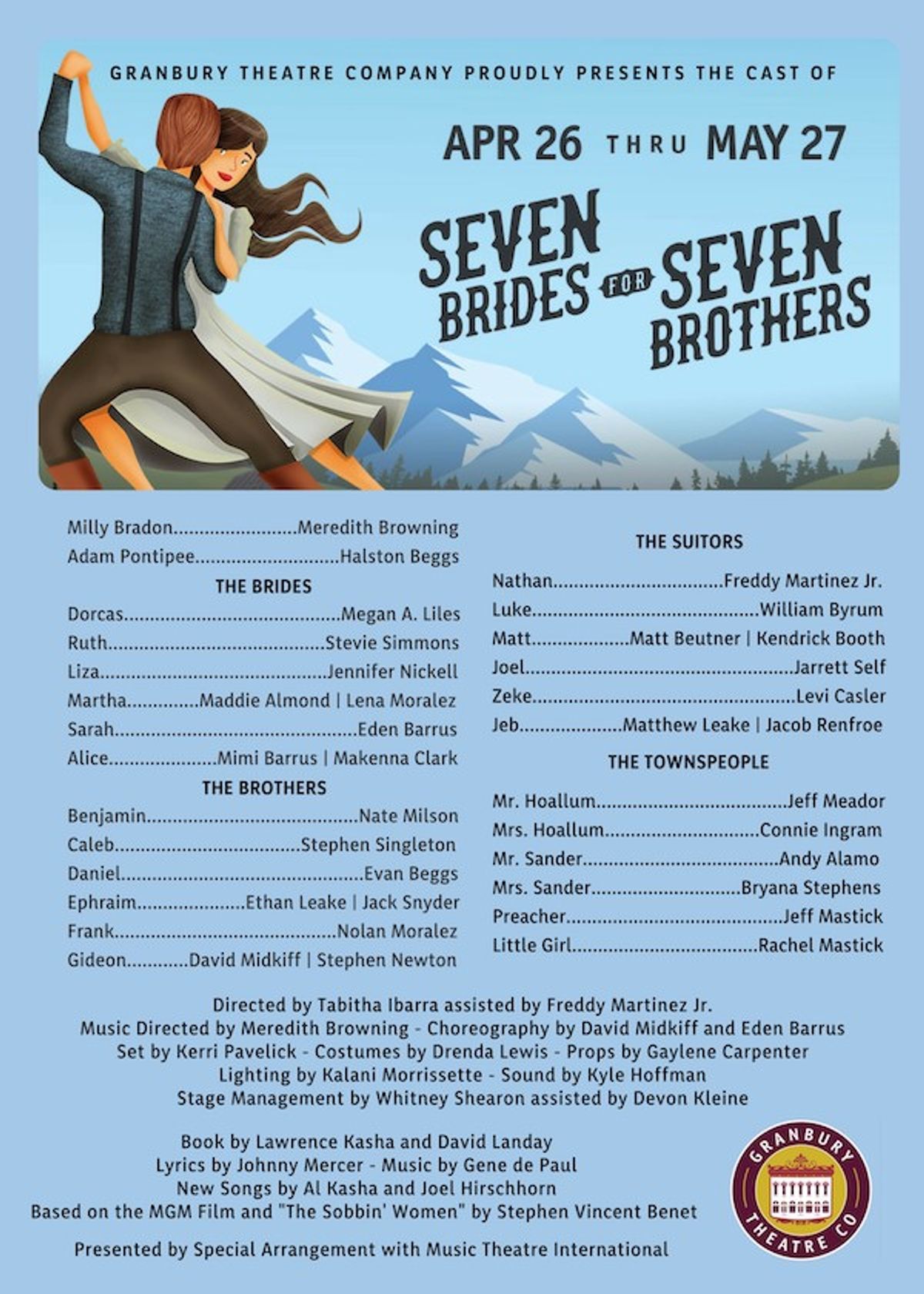 Cast announcement for "Seven Brides for Seven Brothers" at the Granbury Opera House on April 26-May 27 Cast announcement for "Seven Brides for Seven Brothers" at the Granbury Opera House on April 26-May 27