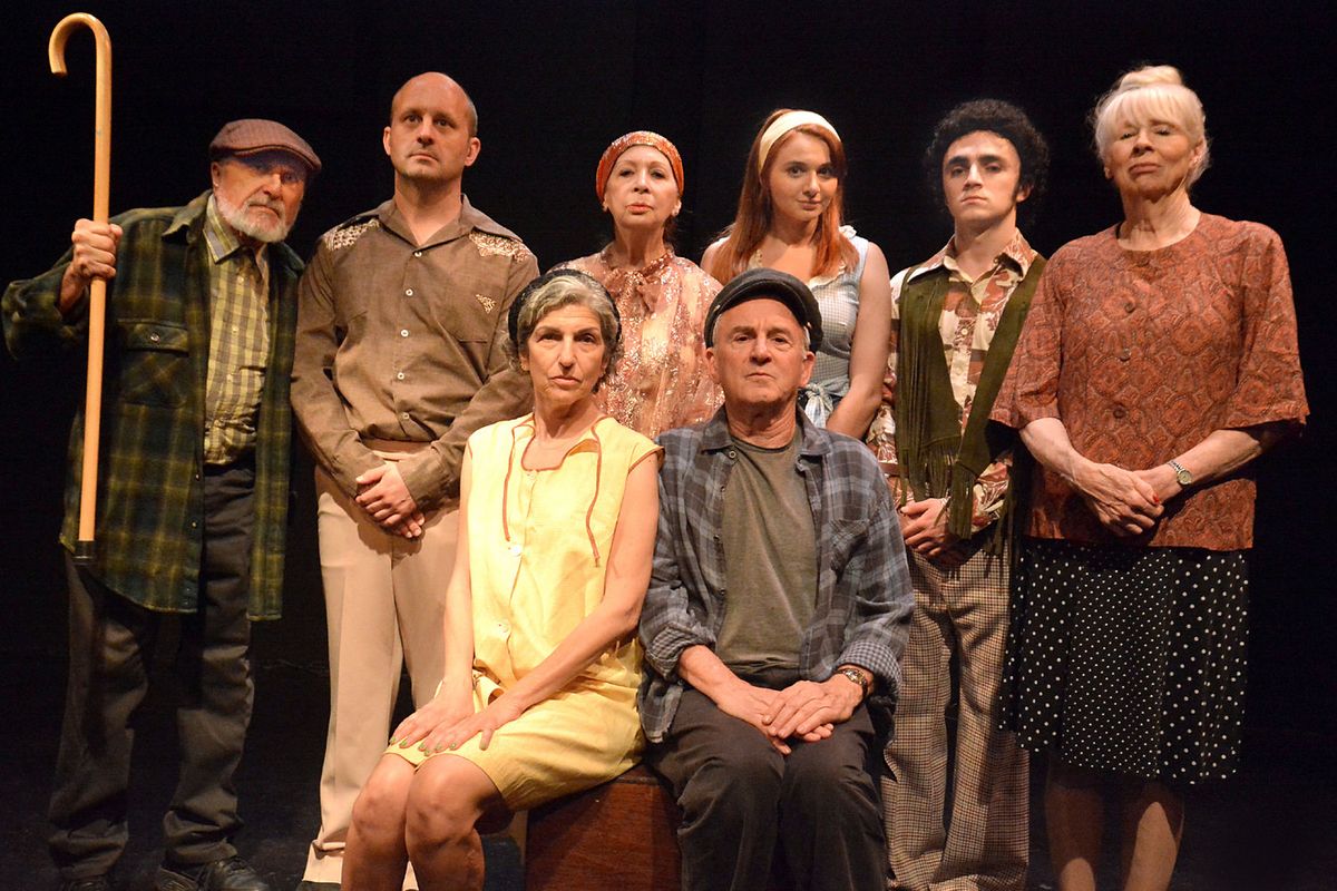 The cast of "Jews, Christians and Screwing Stalin."
(L-R: Marty Ross, Travis York*, Cathy Ladman, Laura Julian*, John Pleshette*, Sammi-Jack Martincak, Hunter Milano, Sally Schaub)
Photo by Ed Krieger. The cast of "Jews, Christians and Screwing Stalin."
(L-R: Marty Ross, Travis York*, Cathy Ladman, Laura Julian*, John Pleshette*, Sammi-Jack Martincak, Hunter Milano, Sally Schaub)
Photo by Ed Krieger.
