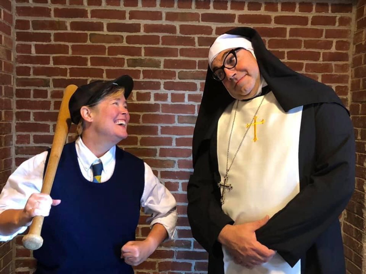 Timothy (played by Jeralyn Shattuck) needs some sage advice from Mother Superior (Erik Hyatt) to set him on the straight and narrow path! Timothy (played by Jeralyn Shattuck) needs some sage advice from Mother Superior (Erik Hyatt) to set him on the straight and narrow path!