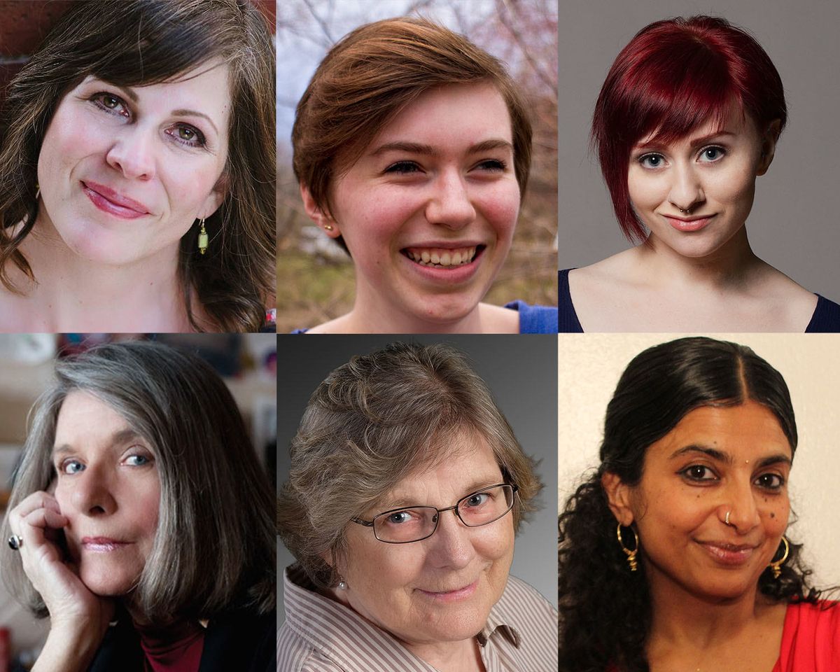 A collage photo of all our playwrights! Featuring Callie Kimball, Eileen Campbell, Caity-Shea Violette, Janet Burroway, Kristen Ebsen and Riti Sachdeva.