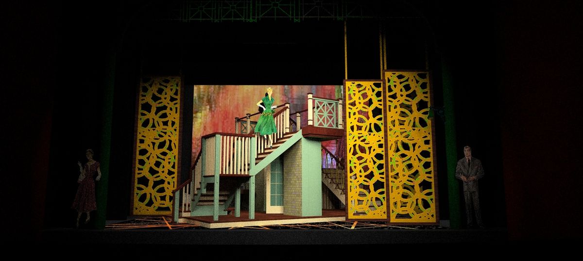 One view of the revolving set and moving panels by Set Designer, Travis A. George