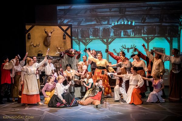 The villagers led by LeFou (Kyle Humby) sing the praises of Gaston ( Rob Murphy): photo credit raphnogal.com 1